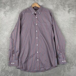 Duluth Trading Co Wrinklefighter Shirt Men Large Tall Blue Orange Plaid Slim Fit